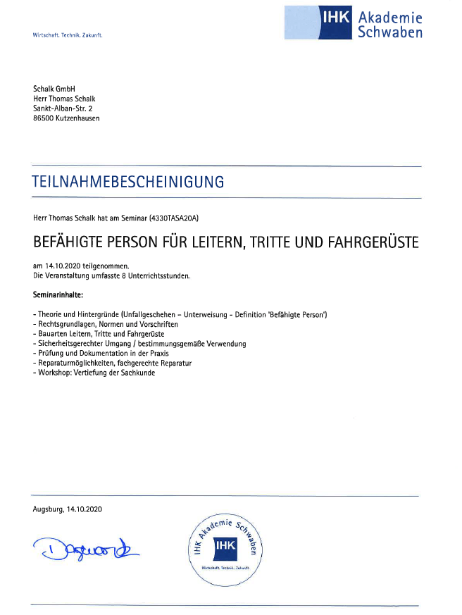Befähigte Person für Leitern, Tritte und Fahrgerüste Schalk GmbH Befähigte Person für Leitern, Tritte und Fahrgerüste Schalk GmbH